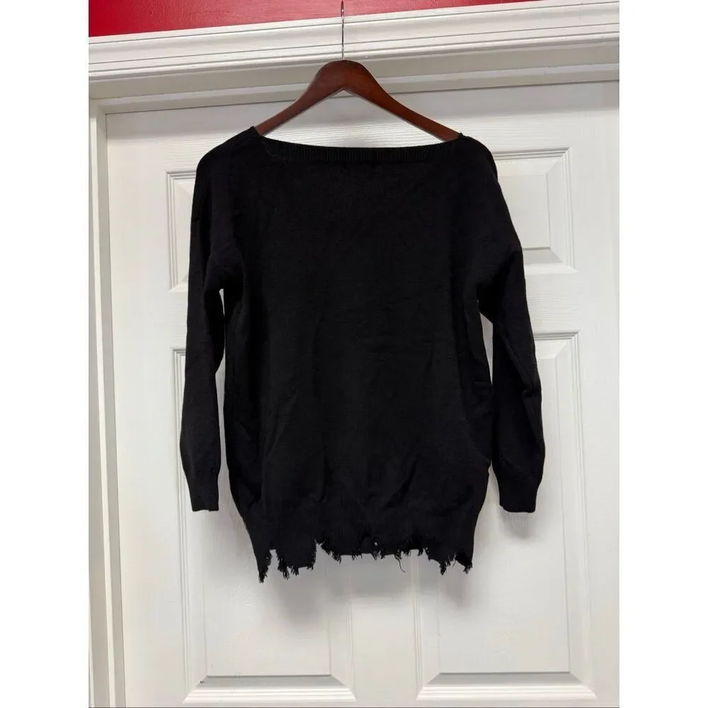 Gigi Moda Italy Black Gold Paint Frayed Hem Depo V-Beck Sweater sz XL NWOT